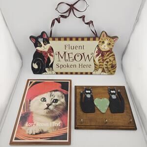 Lot 3 Cat Wall Decor Signs Rustic Wood Key Holder Hooks Funny Kitten Decor